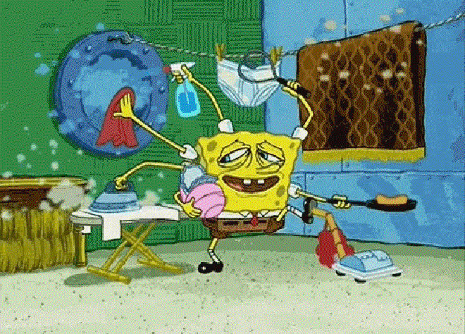 Spongebob trying to clean everything at once